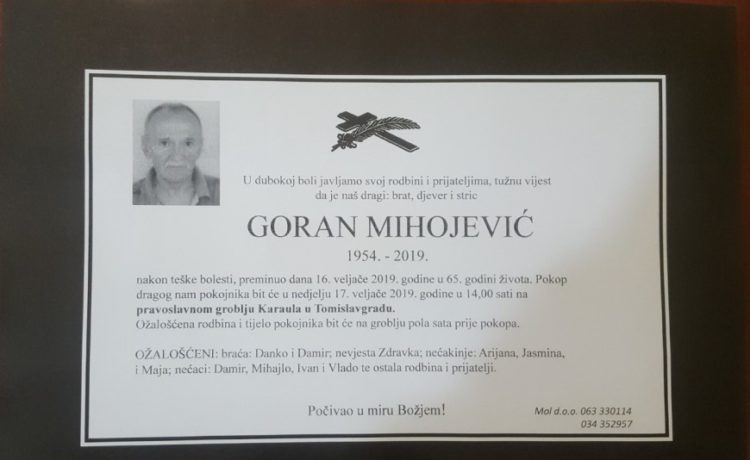 OBAVIJEST O SMRTI : Preminuo je Goran Mihojević (1954.-2019.) iz  Tomislavgrada – tomislavnews.com
