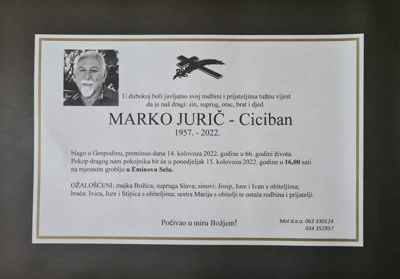 OBAVIJEST O SMRTI: Preminuo je Marko JuriÄ â€“ Ciciban (1957. â€“ 2022.) â€“  tomislavnews.com