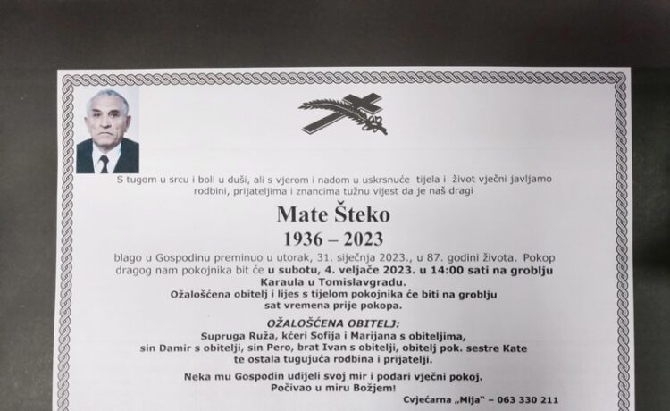 OBAVIJEST O SMRTI: Preminuo je Mate Šteko (1936. – 2023.) – tomislavnews.com